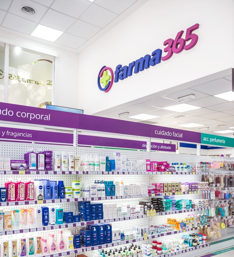 Organized Farma365 facial and body care shelves after category transformation